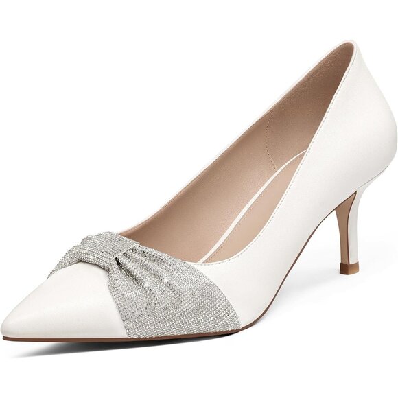 Women's White Pumps Kitten Heels Closed Toe Rhinestones Bow Comfortable Heels - Picture 1 of 8